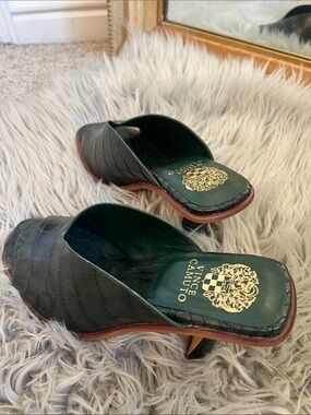 Vince Camuto Dark Green Croc-Embossed Slide Mules